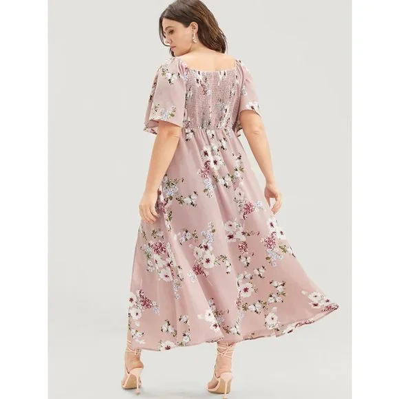 NWT BloomChic Dusty Pink Floral Square Neck Ruffles Pocket Shirred Split Dress - Picture 2 of 3